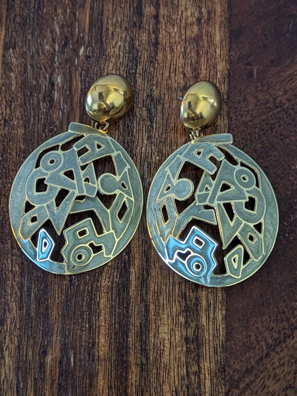 Vintage Edgar Berebi Abstract Gold Tone Enamel Dangle Statement Earrings